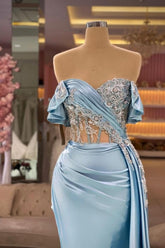 Elegant Blue Mermaid Sweetheart Strapless Beaded Satin Panel Train Ruffle Evening Dresses With Slit